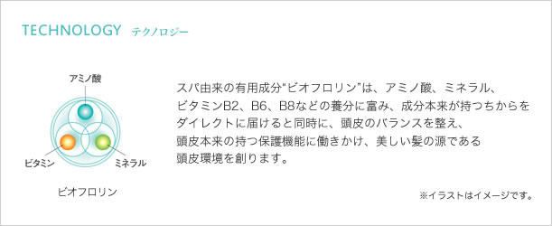 スパ由来の有用成分“ビオフロリン”は、アミノ酸、ミネラル、ビタミンB2、B6、B8などの養分に富み、成分本来が持つちからをダイレクトに届けると同時に、頭皮のバランスを整え、頭皮本来の持つ保護機能に働きかけ、美しい髪の源である頭皮環境を創ります。